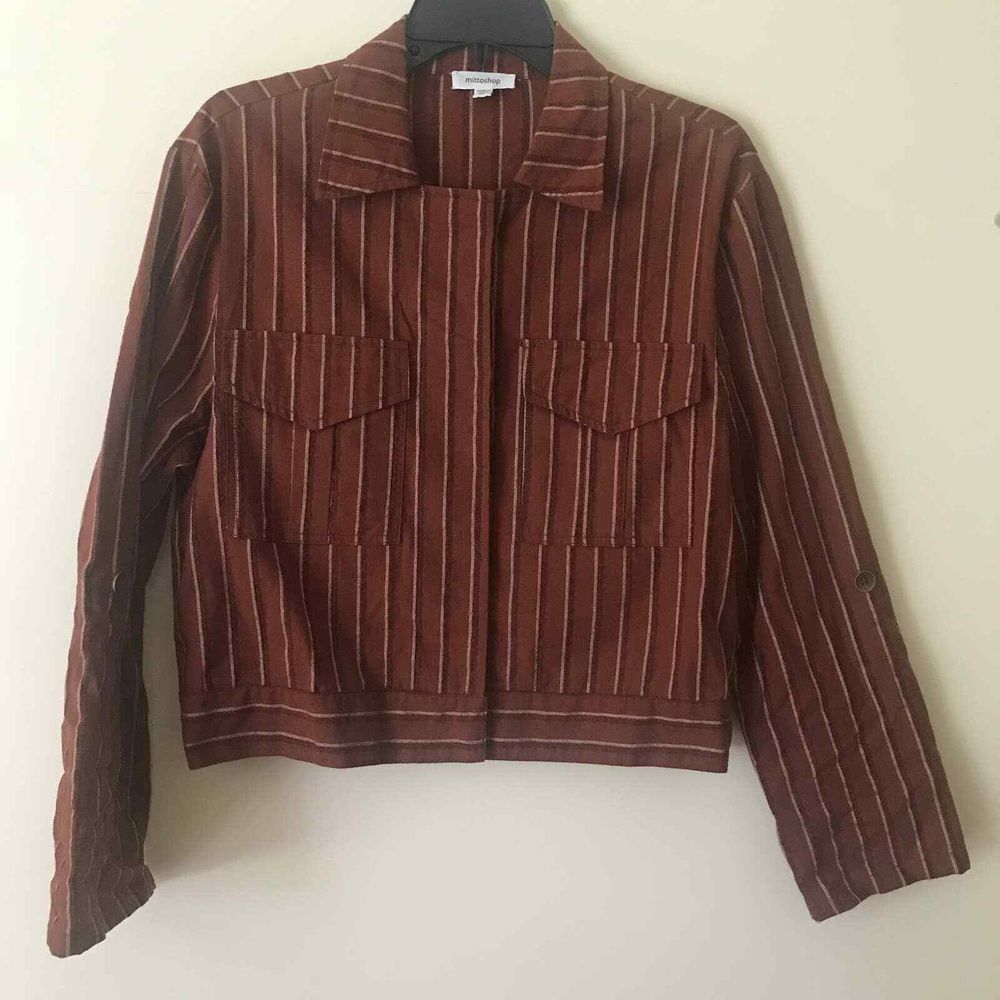 Mittoshop Blazer Womens Small Brown Striped Cropped Roll Tab Sleeve Boxy Fit - Picture 13 of 14